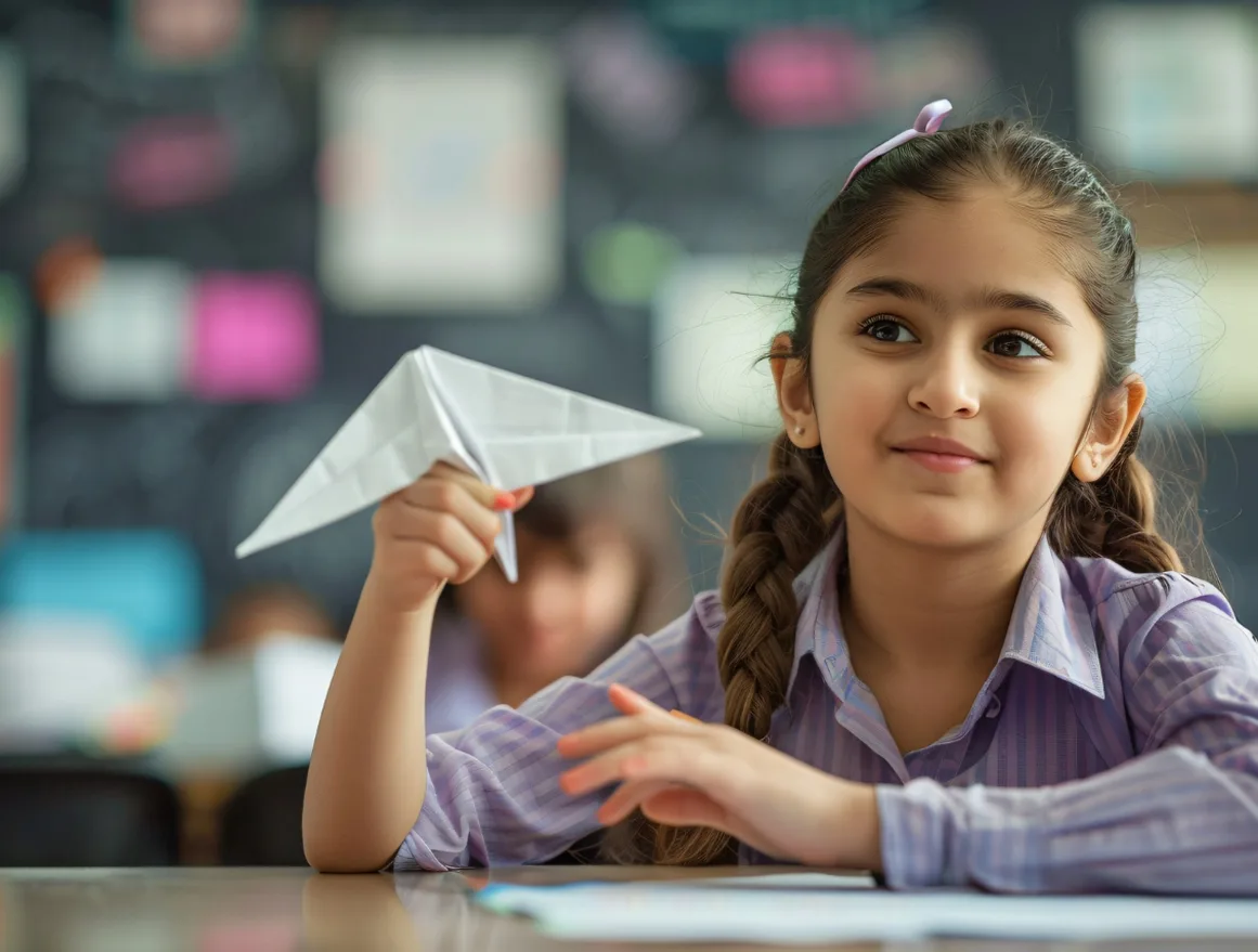 Student with paper airplane
